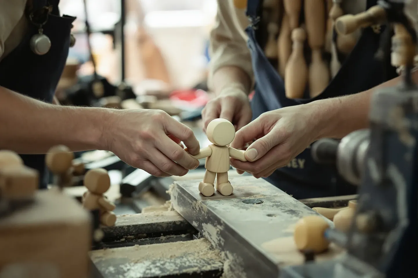 Hands applying lacquer to a turned wooden toy on a lathe