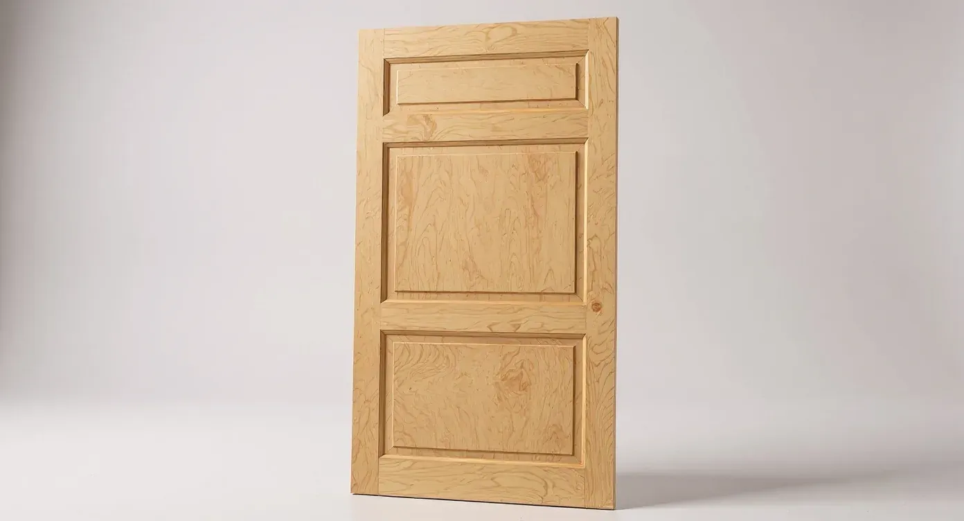 The same timber panel door as a clean catalog packshot on an off-white background