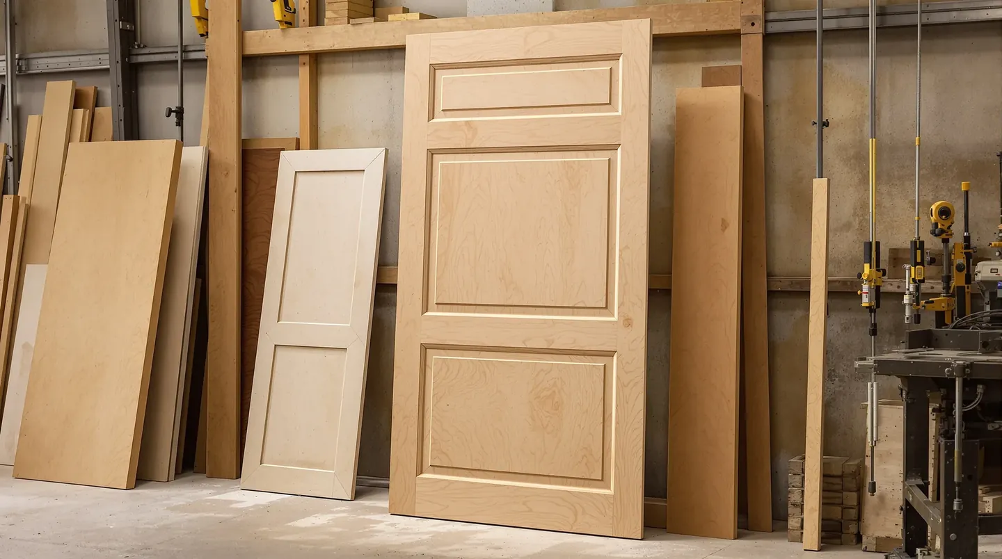 Phone photo of a solid timber panel door slab leaning on a wall in a workshop