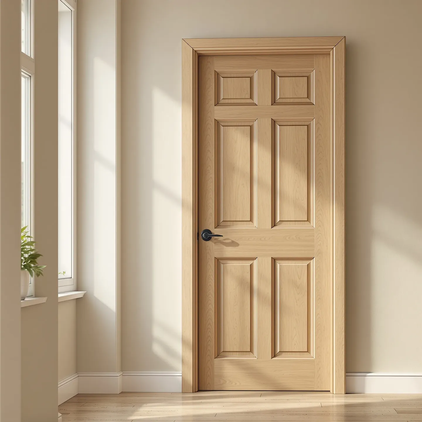 A solid oak four-panel interior door in a natural oiled finish with a black lever handle