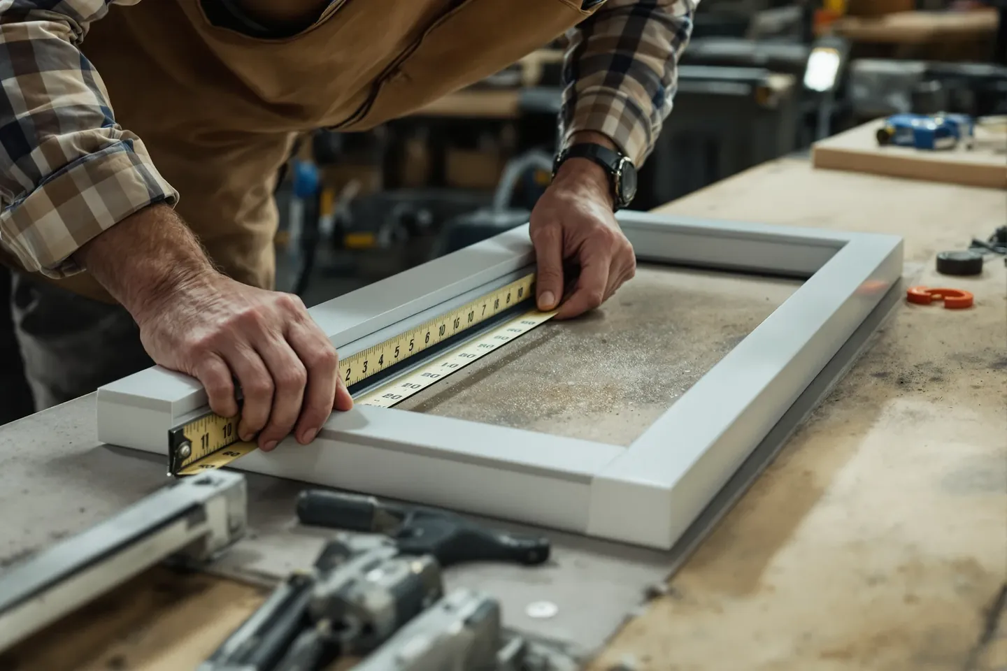 Hands measuring a window frame diagonal with a tape on an assembly table