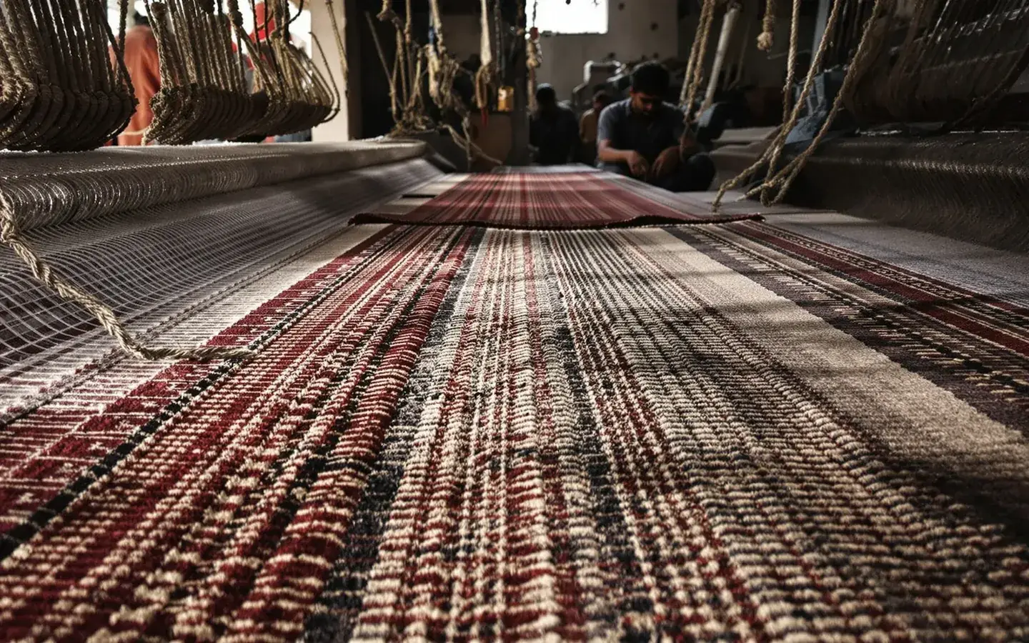 Hand-knotted rugs on looms in Bhadohi, rendered