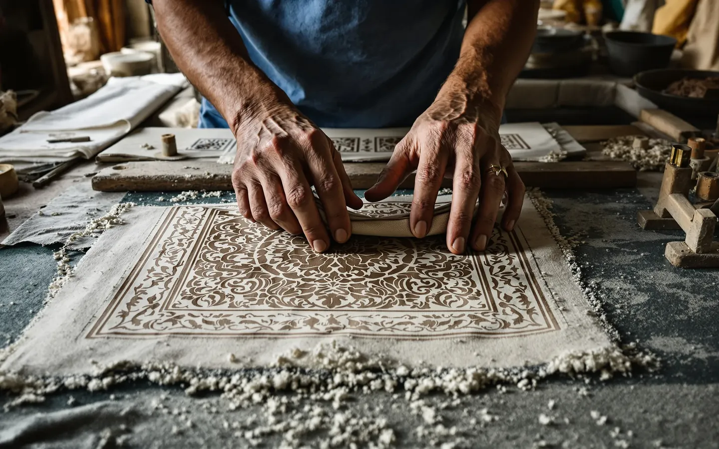 Hand block printing on cotton in a Jaipur area workshop, rendered