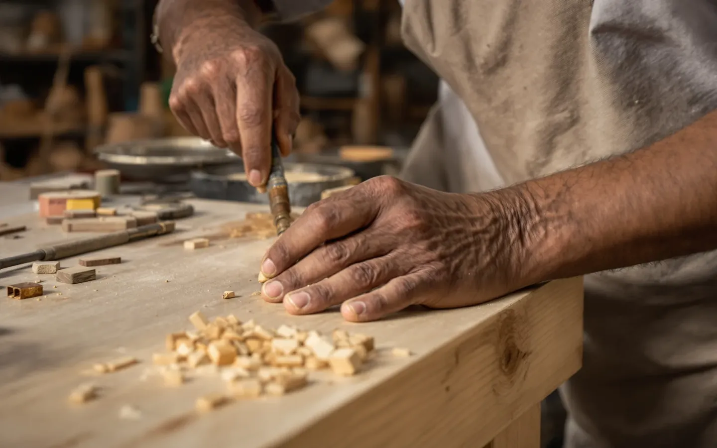 Sheesham and mango wood furniture being finished in a Jodhpur workshop, rendered