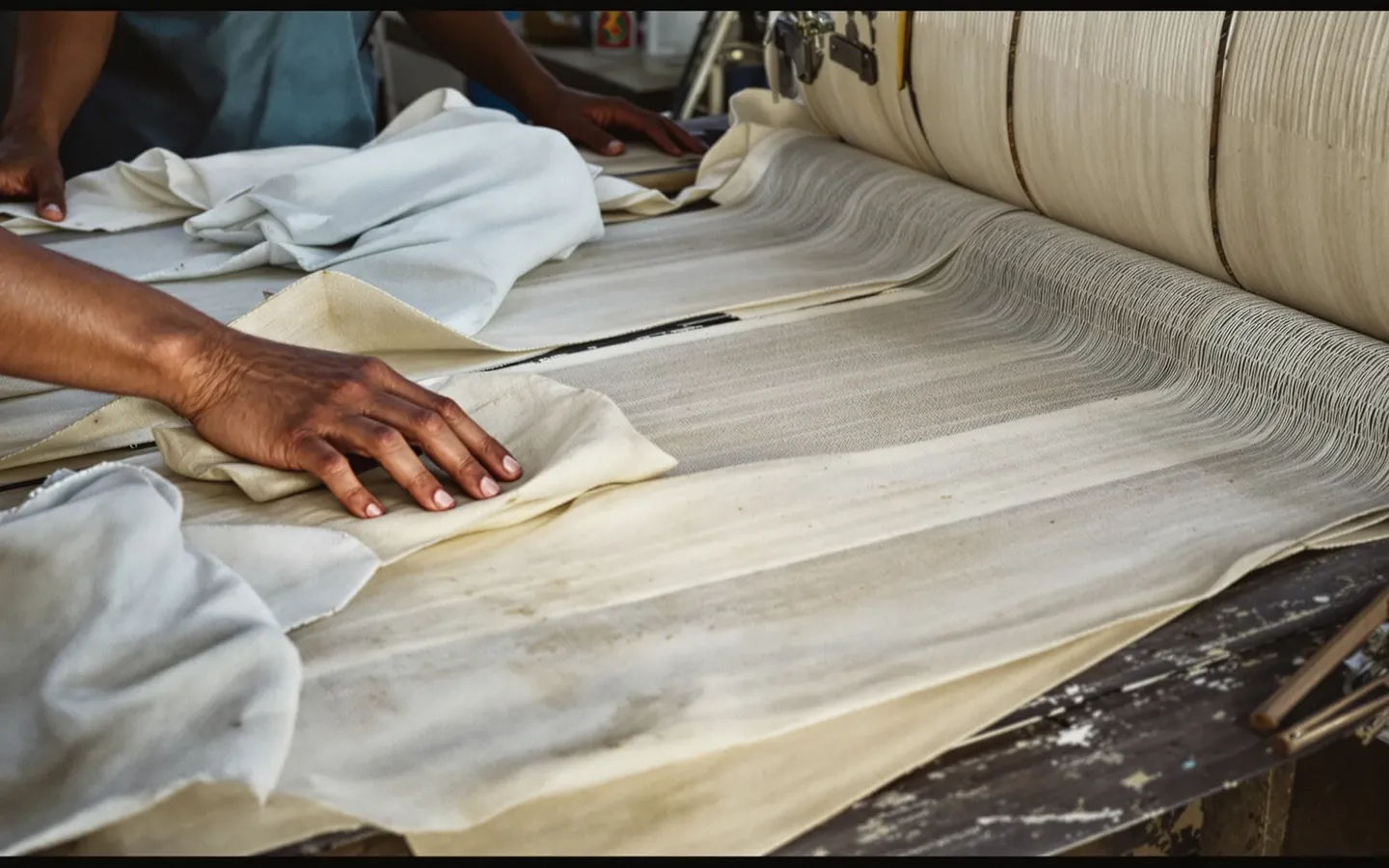 Kitchen and table linen on a Karur weaving floor, rendered