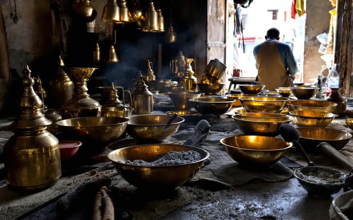 Brass bowls and lanterns being polished in a Moradabad workshop, rendered