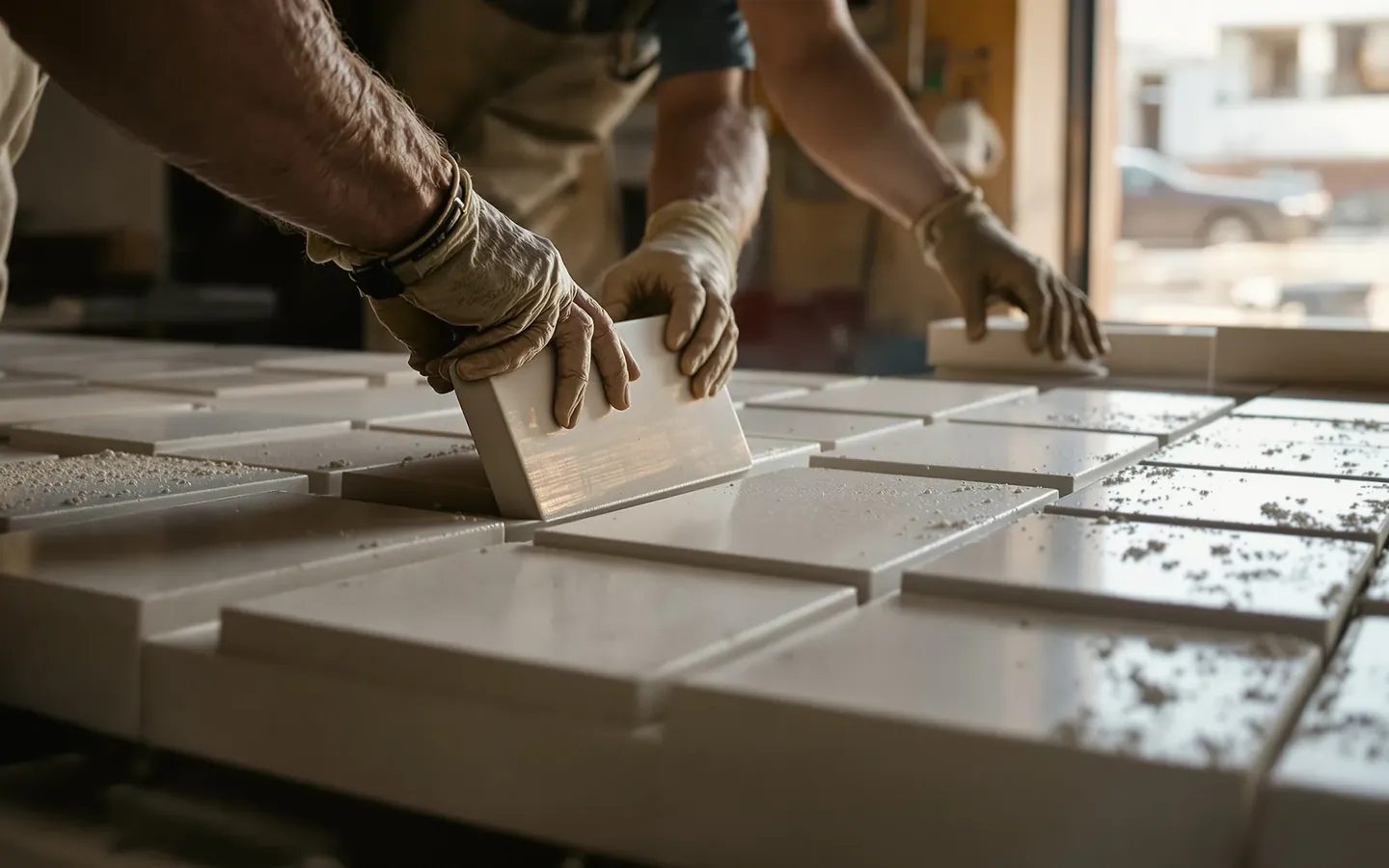Ceramic tiles coming off a Morbi kiln line, rendered