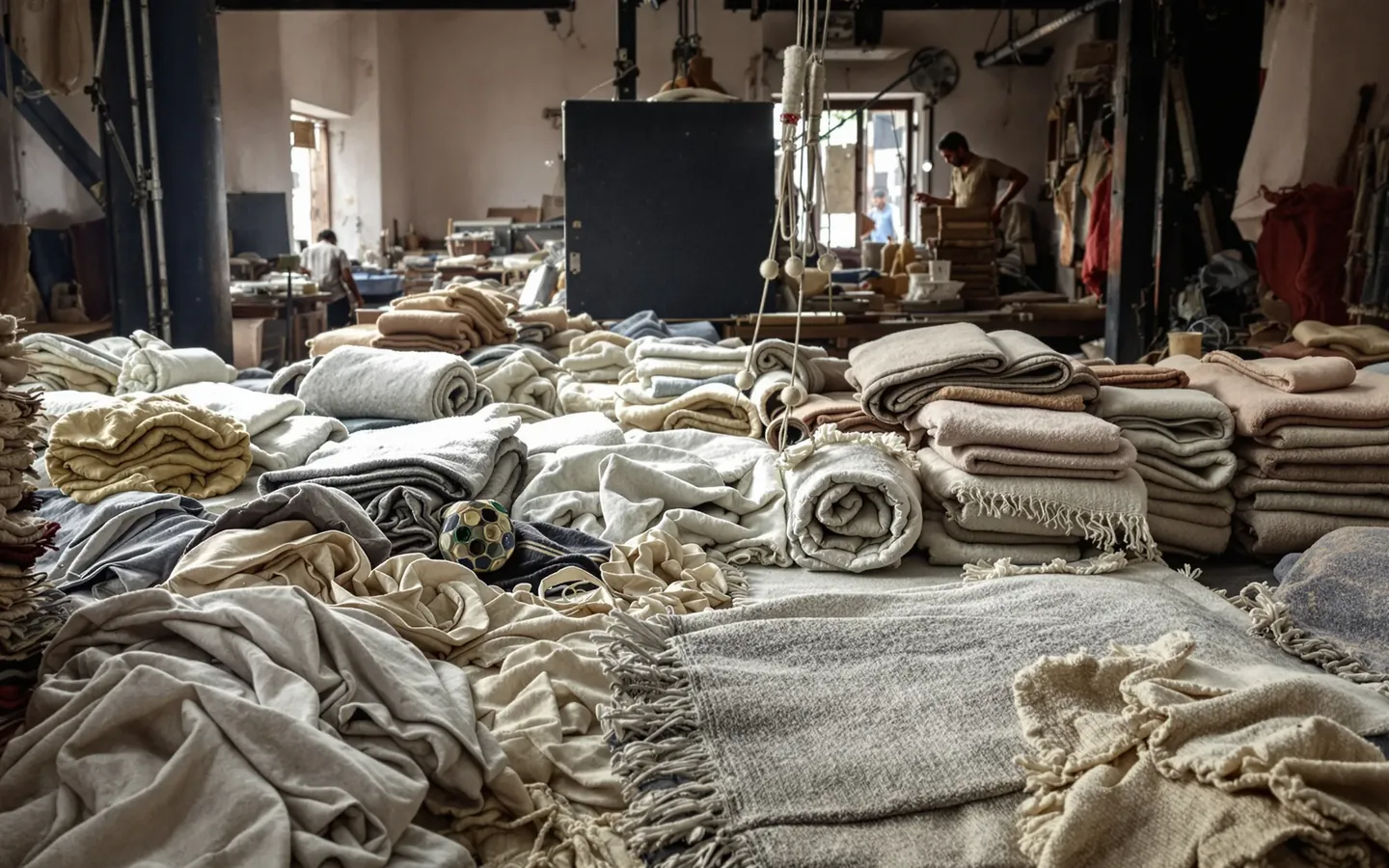 Woven throws and bath mats in a Panipat mill, rendered