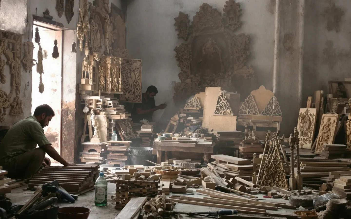 Carved wood decor in a Saharanpur workshop, rendered