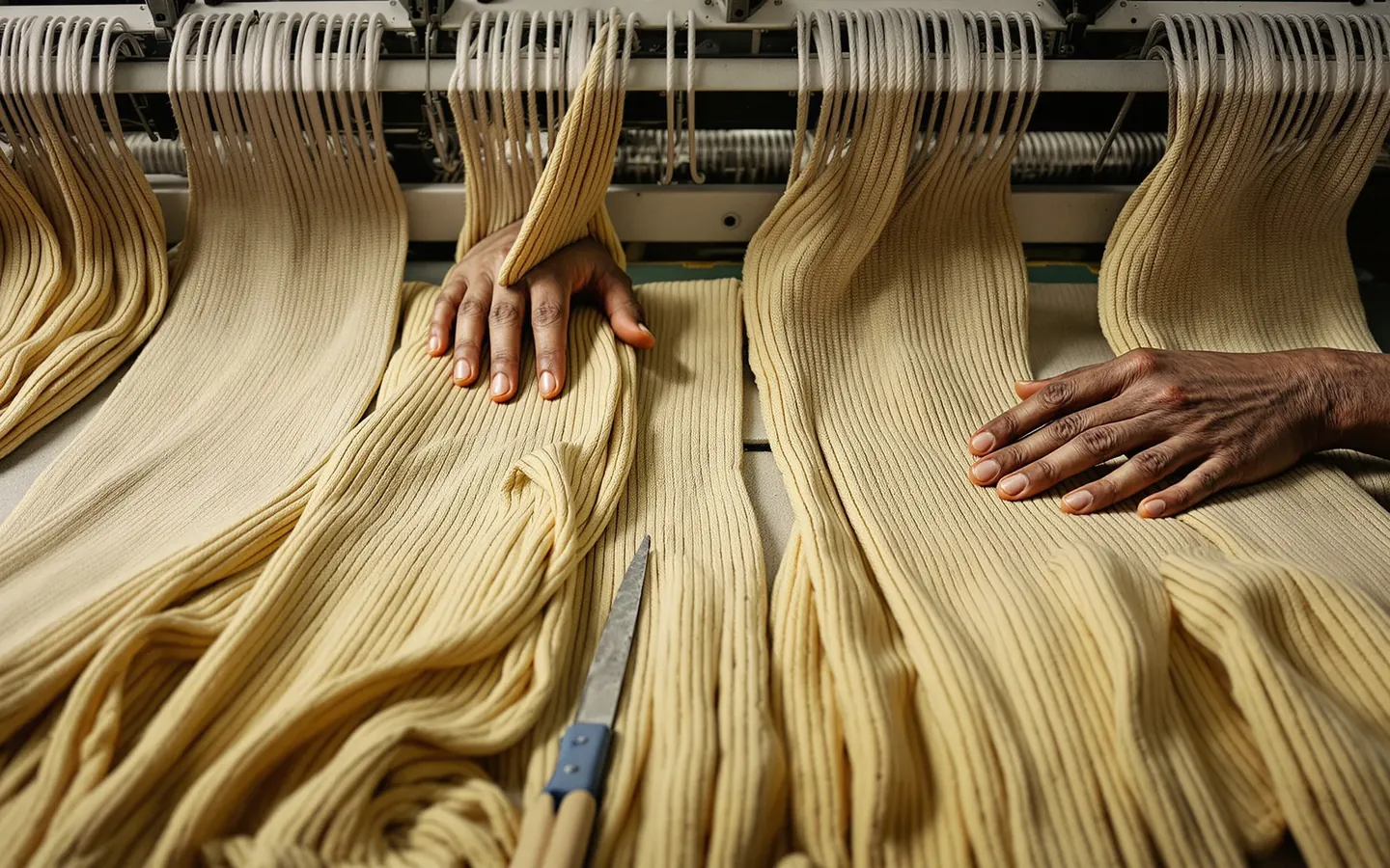 Knitwear on a Tiruppur sewing line, rendered